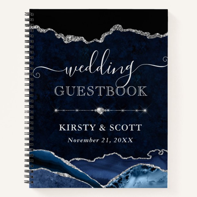 Cuaderno Blue & Silver Glitter Agate Wedding Guest Book (Anverso)