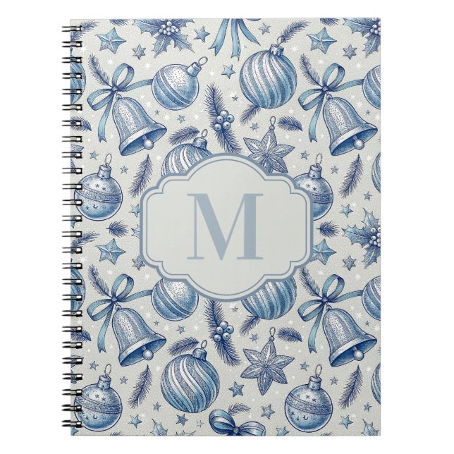 Cuaderno Blue Toile Christmas Ornaments Personalizado Monog (Frente)