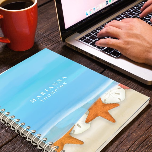 Cuaderno Blue Trendy Ocean Watercolor Personalizado (watercolor blue water with seashells and sand. )