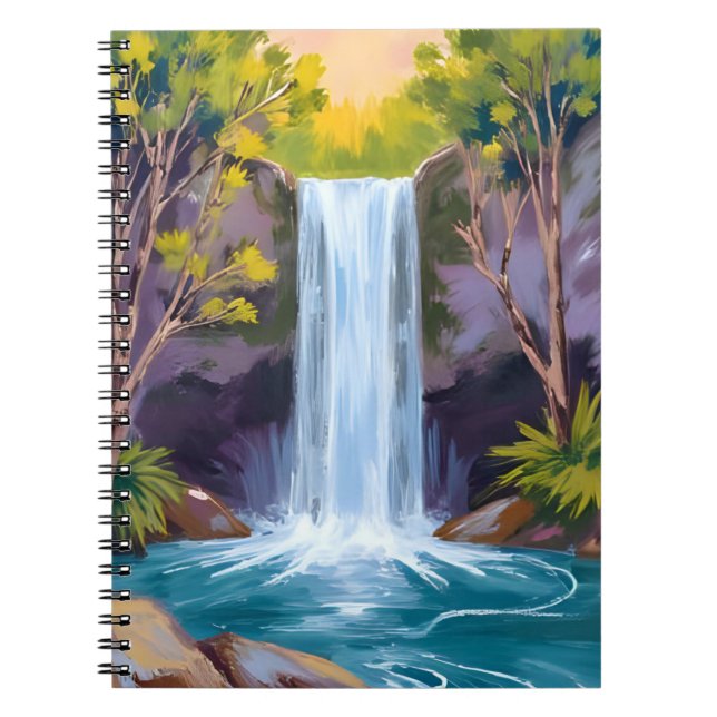 Cuaderno Blue Waterfall | Forest Landscape Nature Painting (Frente)