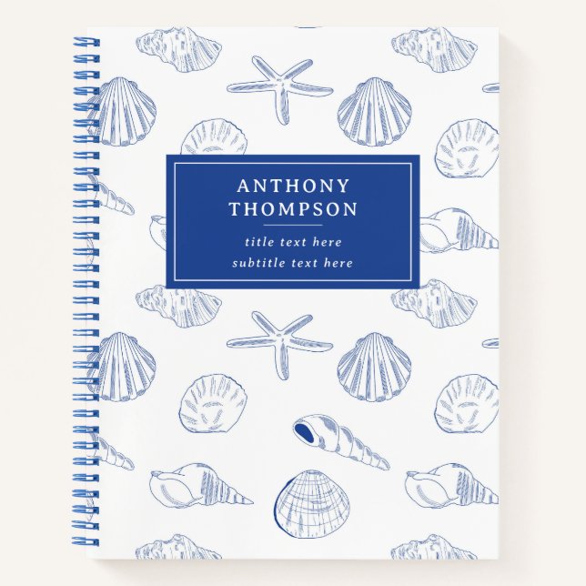 Cuaderno Blue White Hand Drawing Sea Shells Beach Summer (Anverso)