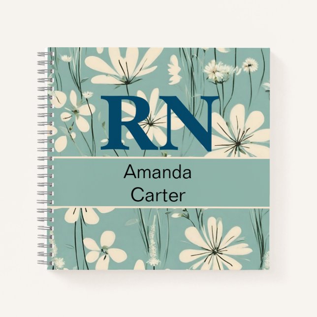 Cuaderno Blue White Modern Daisy Nombre Personalizado RN En (Anverso)