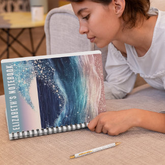 Cuaderno Blue White Ocean Wave Nombre personalizado Espiral