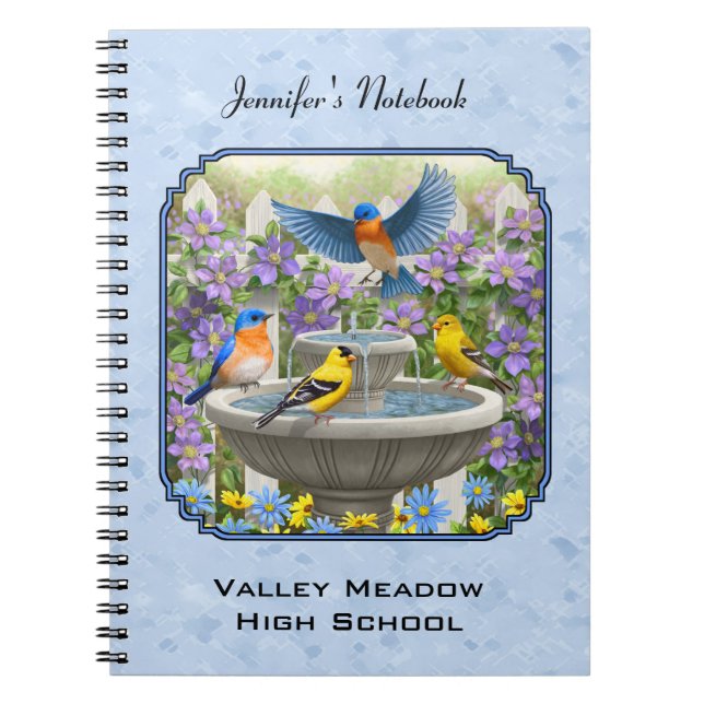 Cuaderno Bluebirds Goldfinches Flower Garden Fuente Azul (Frente)