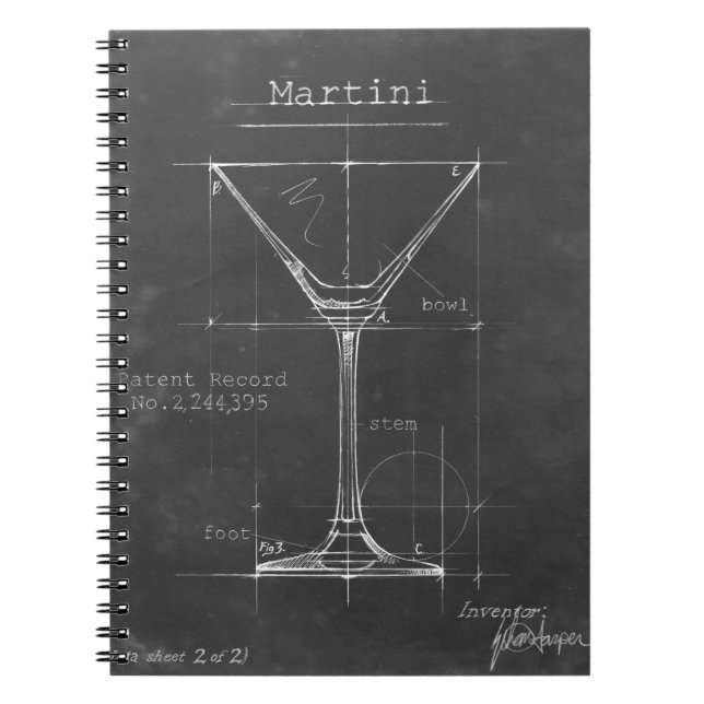 Cuaderno Blueprint de cristal de Martini blanco y negro (Frente)