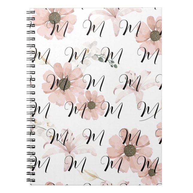 Cuaderno Blush de Flores Rosadas Acuarela Monograma de Arte (Frente)