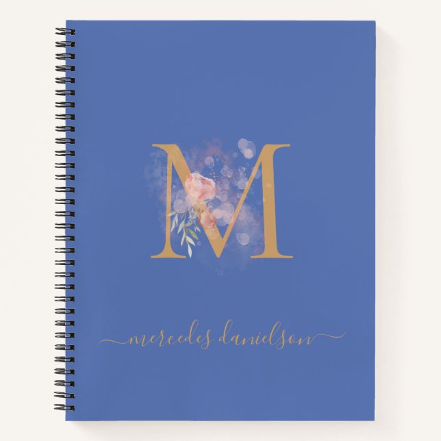Cuaderno Blush Floral Dorado Monogramado Periwinkle Moderno (Anverso)
