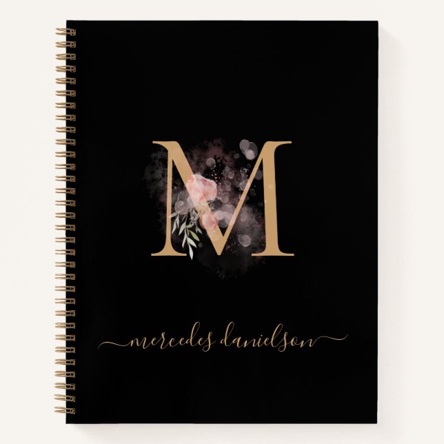 Cuaderno Blush Floral Monogramado Dorado y Negro Moderno  (Anverso)