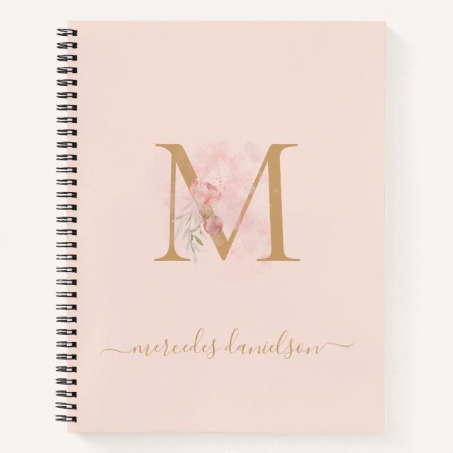 Cuaderno Blush rosa floral monograma transparente moderno (Anverso)