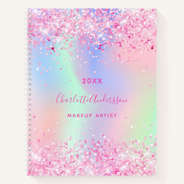 Cuaderno Blush rosa  purpurina holográfica de negocios  (Anverso)