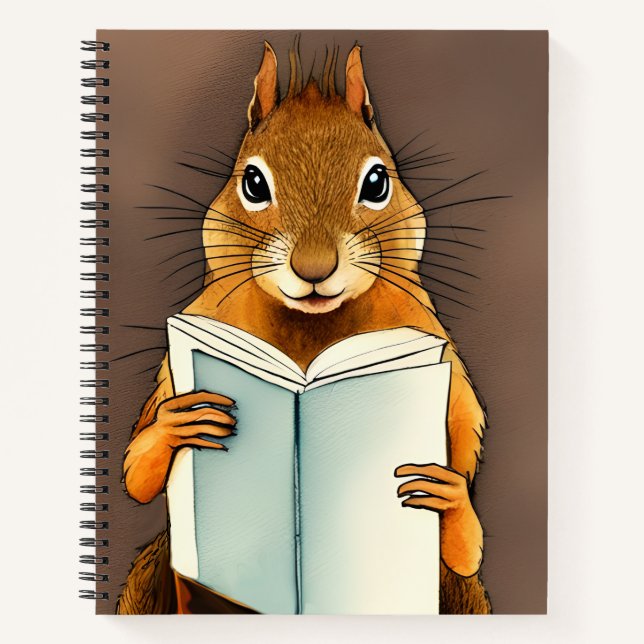 Cuaderno Boceto de Acuarela Adorable de una Ardilla Leyendo (Anverso)