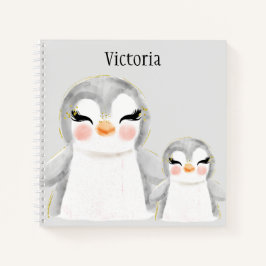Cuaderno Boceto de acuarela de pingüinos lindos con nombre