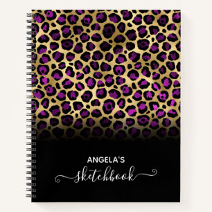 Cuaderno Boceto de leopardo ombre glam negro púrpura y dora
