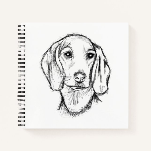 Cuaderno boceto de perro salchicha dibujado a mano en negro (Anverso)