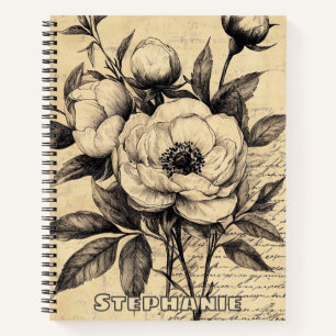 Cuaderno Boceto floral marrón vintage en papel envejecido