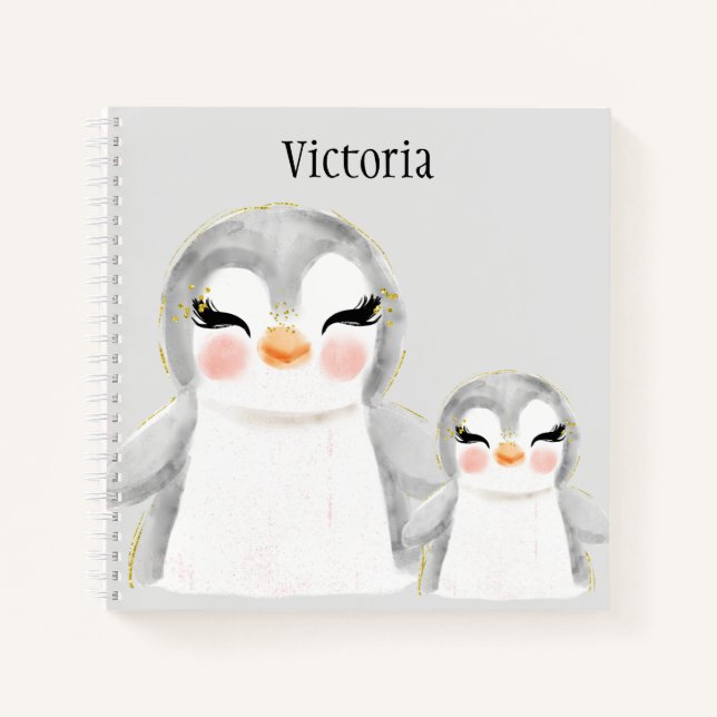 Cuaderno Bocetos de Acuarela de Pingüinos Lindos con Nombre (Anverso)