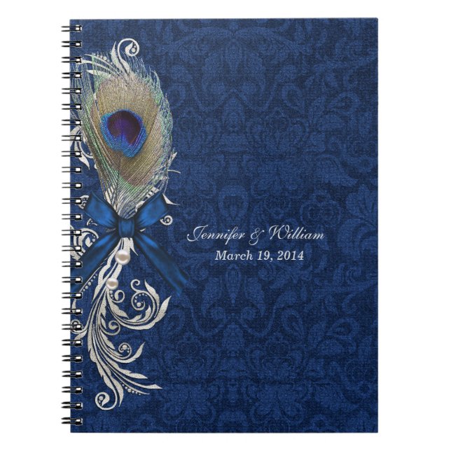 Cuaderno Boda de amortiguación azul y pluma de pav (Frente)