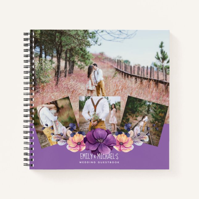 Cuaderno Boda de Collage de fotos morado floral (Anverso)