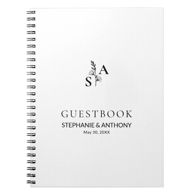 Cuaderno Boda de flores silvestres minimalista BW Monograma (Frente)
