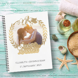 Cuaderno Boda de fotografía de Just Married Gold Newlyweds