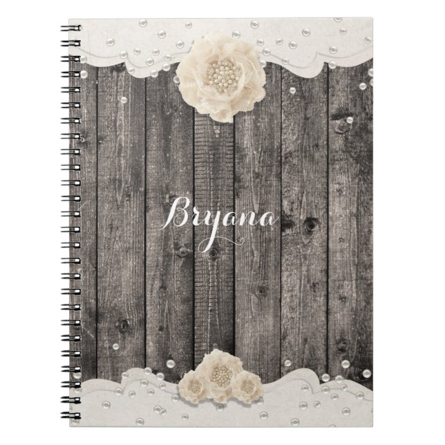 Cuaderno Boda de Madera Rústica con Flor Blanca Romántica y (Frente)