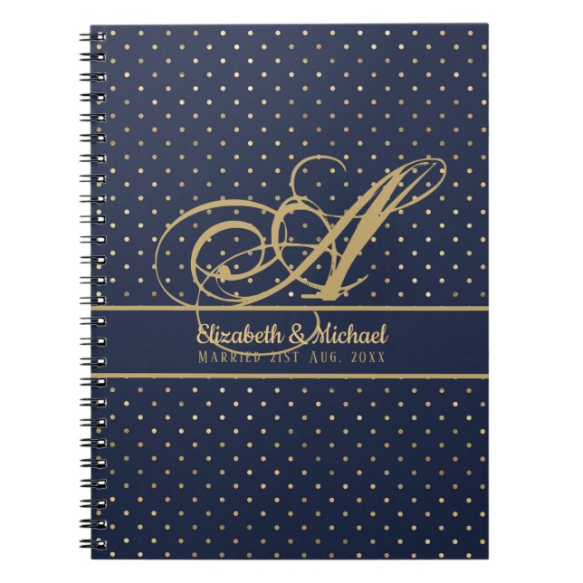 Cuaderno Boda de Monorgam Navy Blue Gold Polkadot Newlyweds (Frente)
