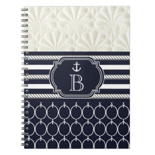 Cuaderno Boda de playa elegante náutica de azul marino y bl