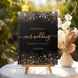 Cuaderno Boda del libro de invitados purpurina de oro negro