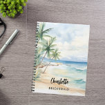 Cuaderno Boda en la playa de Bridesmaid<br><div class="desc">Una playa tropical,  con olas y palmeras,  de color acuático. Personalice y agregue el nombre de su dama de honor. Guión de estilo manuscrito negro.</div>