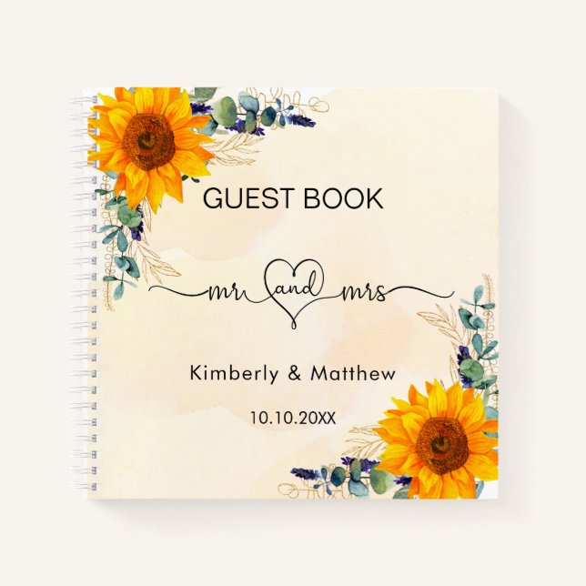 Cuaderno Boda eucalipto sunflowers mr mrs (Anverso)