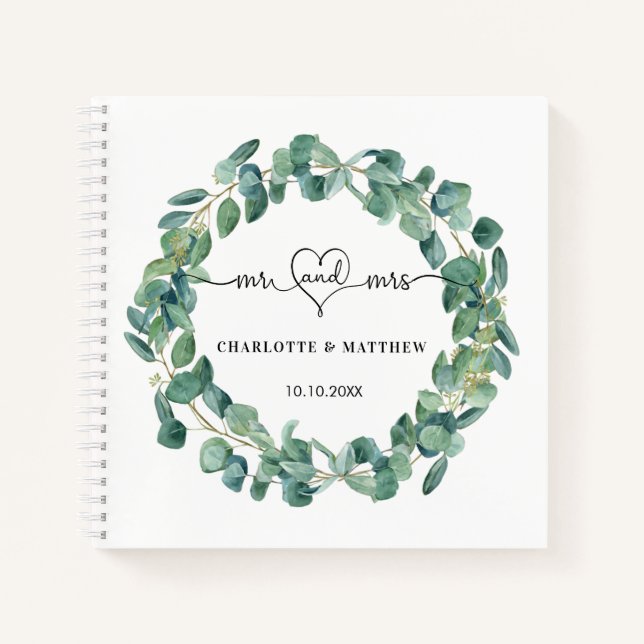 Cuaderno Boda eucalyptus wreath mr mrs corazón (Anverso)