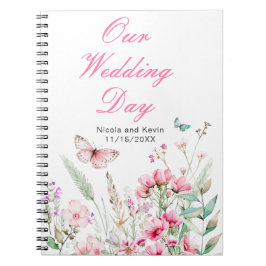 Cuaderno Boda floral de mariposa rosada de primavera