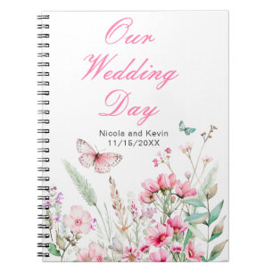 Cuaderno Boda floral de mariposa rosada de primavera