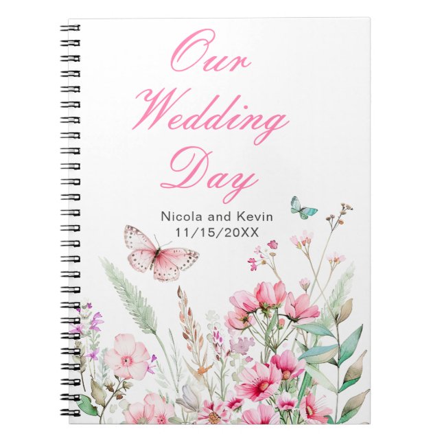 Cuaderno Boda floral de mariposa rosada de primavera (Frente)