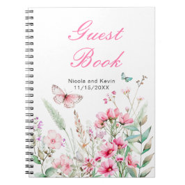 Cuaderno Boda floral de mariposa rosada de primavera