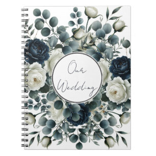 Cuaderno Boda floral moderna azul oscuro y blanco