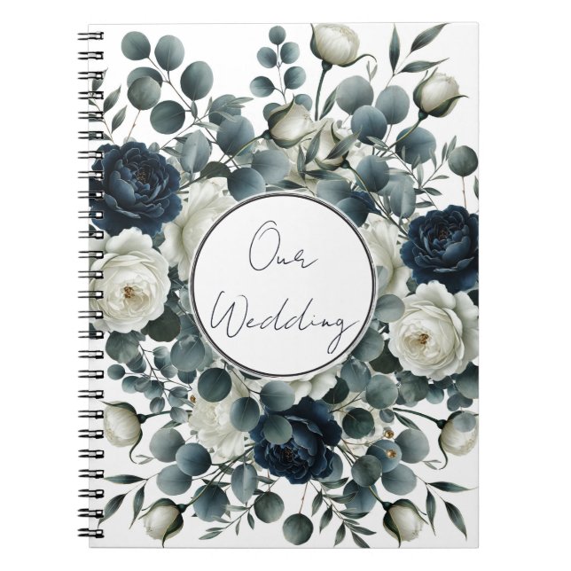 Cuaderno Boda floral moderna de azul oscuro y blanco (Frente)