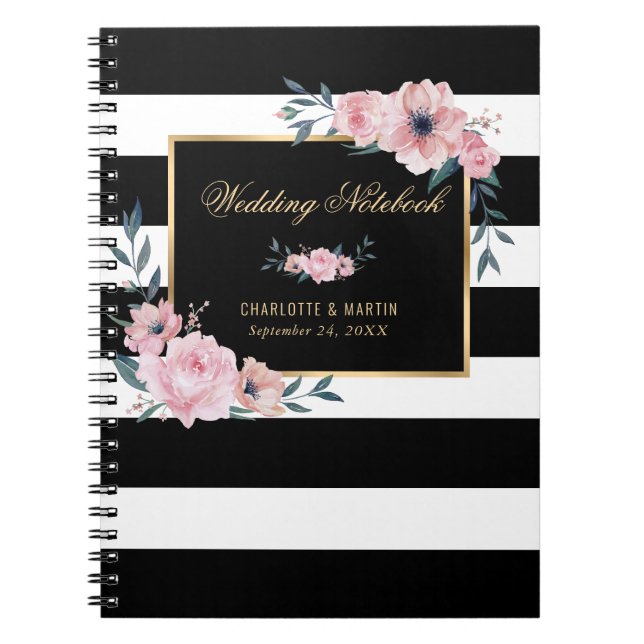 Cuaderno Boda floral rosada de oro negro y blanco (Frente)