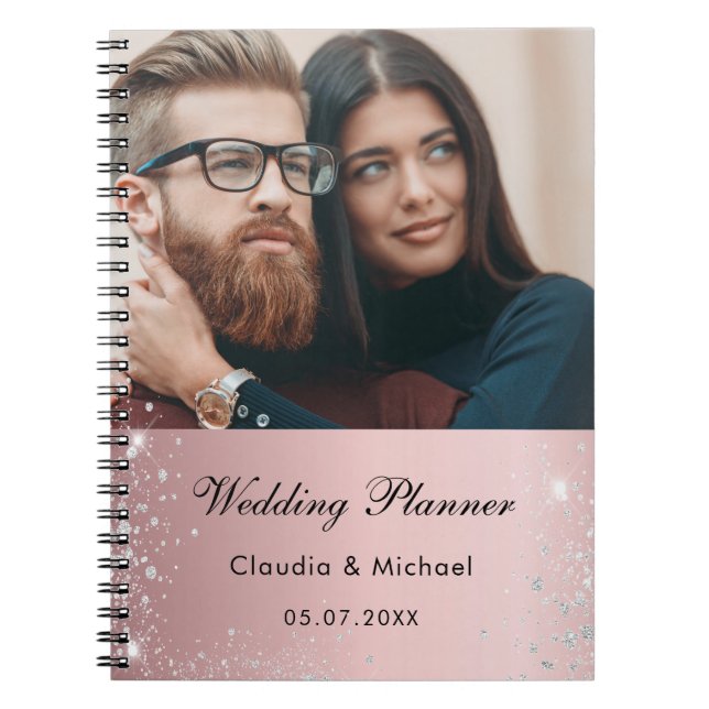 Cuaderno Boda foto de la novia purpurina rosa plateado (Frente)