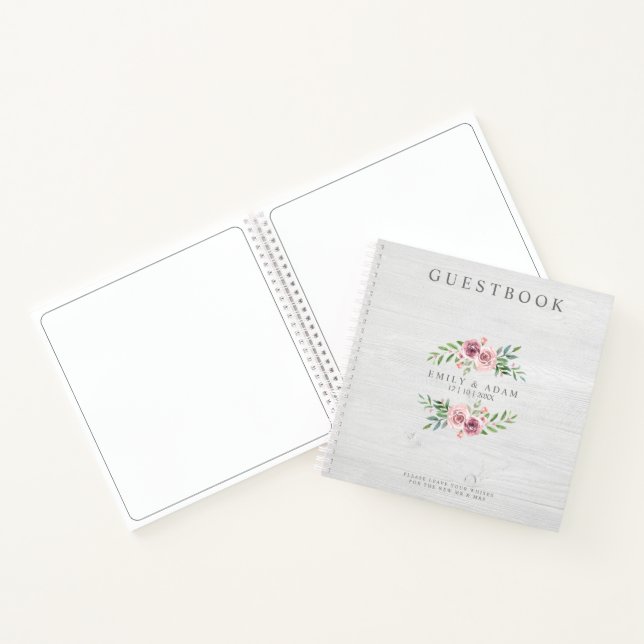Cuaderno Boda GuestBook Foto sobre madera en guirnalda rosa (Interior)