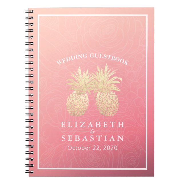 Cuaderno Boda Guestbook Gold Pineapple Couple Roses rosados (Frente)