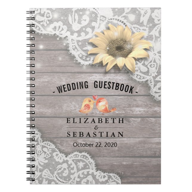 Cuaderno Boda Guestbook Lace Sunflower Wood String Light (Frente)