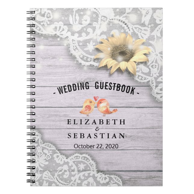 Cuaderno Boda Guestbook Lace Sunflower Wood String Light (Frente)