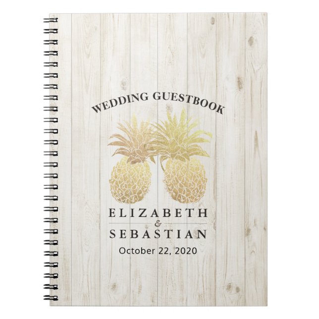 Cuaderno Boda Guestbook Moda Gold Pineapples Madera Rústica (Frente)