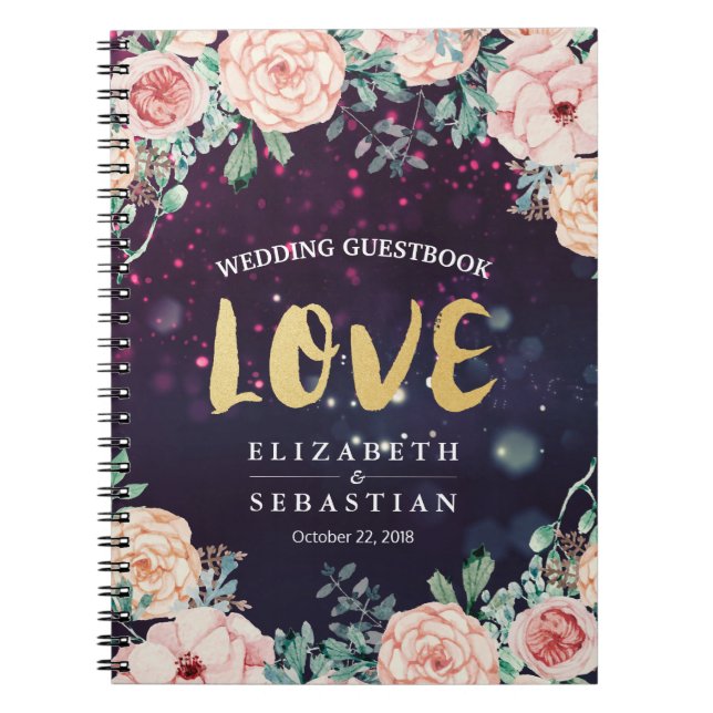 Cuaderno Boda Guestbook Moderno Floral Purple Gold Script (Frente)