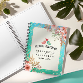 Cuaderno Boda Guestbook Moderno Punto de Oro Verde azulado 