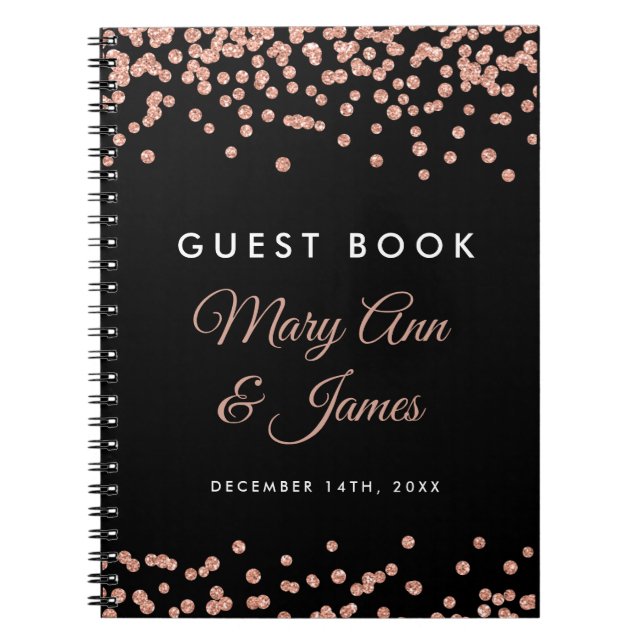 Cuaderno Boda Guestbook Rosa Purpurina de oro Confetti Blac (Frente)