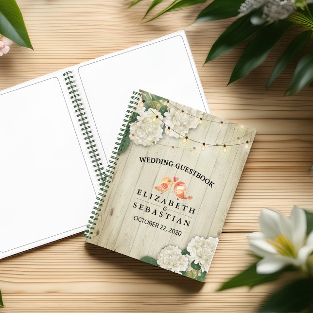 Cuaderno Boda Guestbook Rustic Wood Floral String Lights (Subido por el creador)