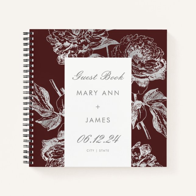 Cuaderno Boda Guestbook Simple Floral Plata Borgoña (Anverso)