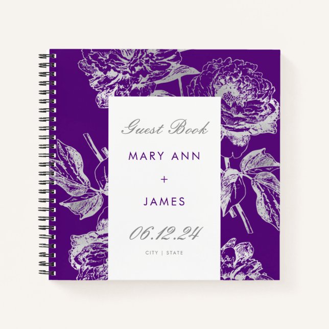 Cuaderno Boda Guestbook Simple Floral Plata Púrpura (Anverso)